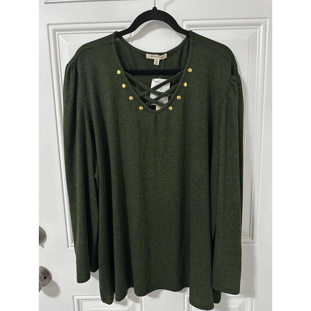 Women’s Forest Green Long Sleeve Top with Gold Accents, Size 3X NWT